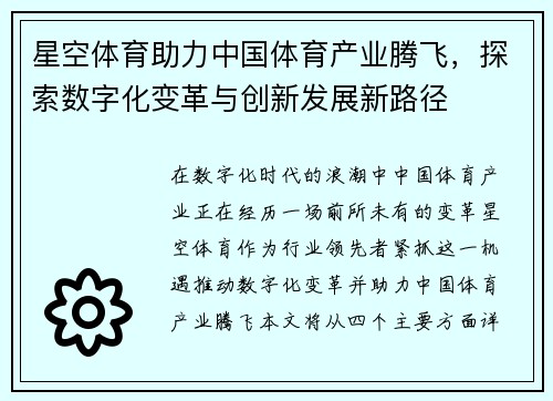 星空体育助力中国体育产业腾飞，探索数字化变革与创新发展新路径